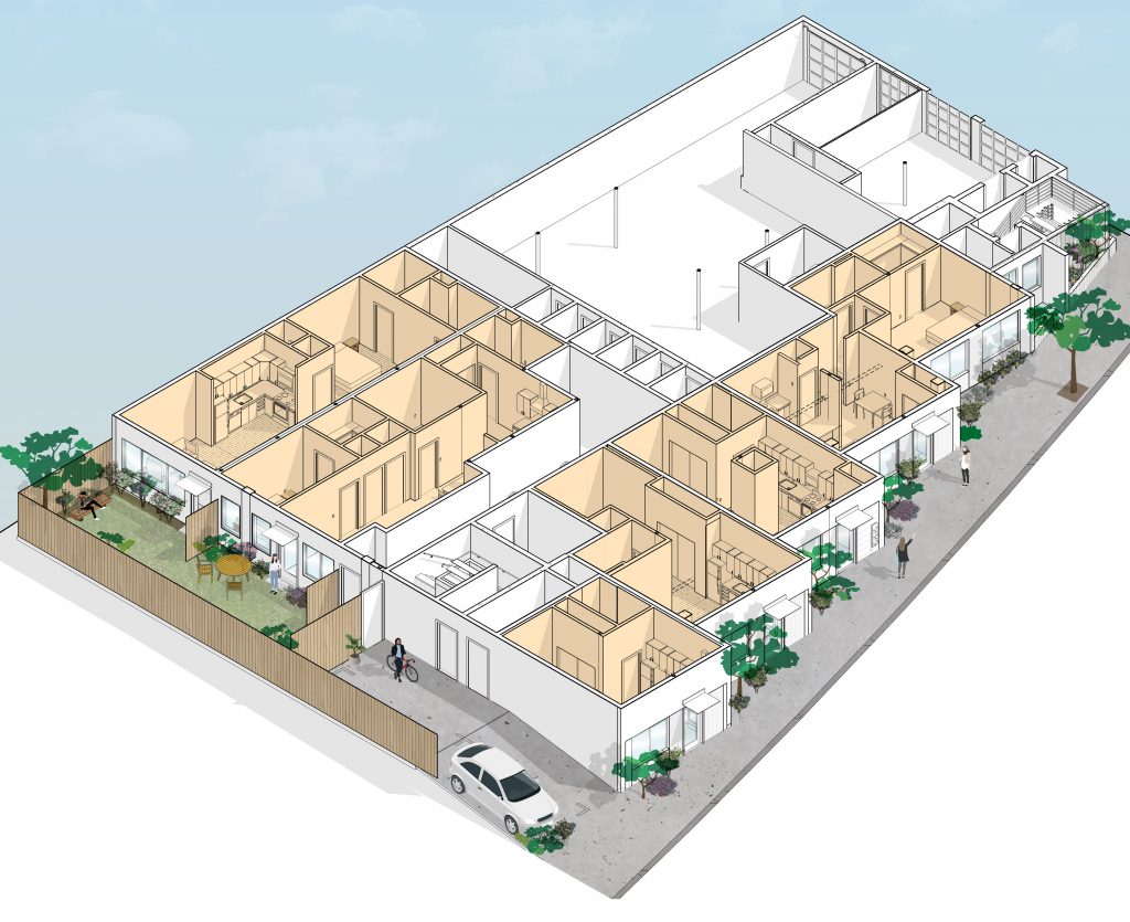 An isometric architectural rendering of a multi-unit residential building showing a cutaway view that reveals the interior layout of multiple apartments across different floors. The highlighted units in beige show furnished living spaces including bedrooms, bathrooms, and living areas, while white sections indicate common areas and unfinished spaces. The exterior features balconies with greenery, trees along the street, and a parked car, illustrating an urban residential development with integrated outdoor spaces.