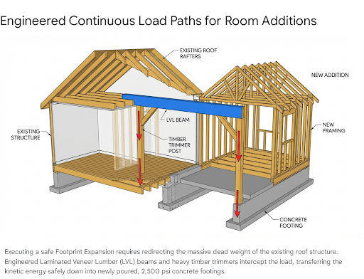 A cutaway architectural diagram showing the structural framing of a room addition, featuring wooden trusses, wall framing, and foundation elements. The illustration highlights the continuous load path from the existing roof rafters through LVL beams, timber supports, and load-bearing walls down to concrete footings. Blue arrows indicate the flow of structural loads through the building's support system.