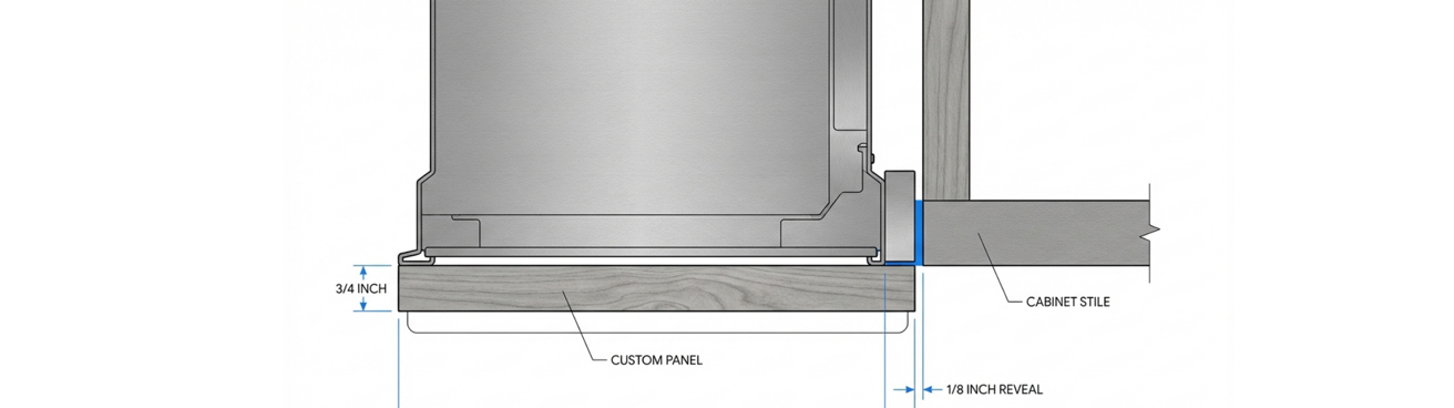 A technical cross-section diagram showing the installation details of a dishwasher with a custom panel. The illustration highlights key measurements including a 3/4 inch gap at the bottom and a 1/8 inch reveal, demonstrating how the custom panel attaches to the cabinet stile for a seamless built-in appearance.