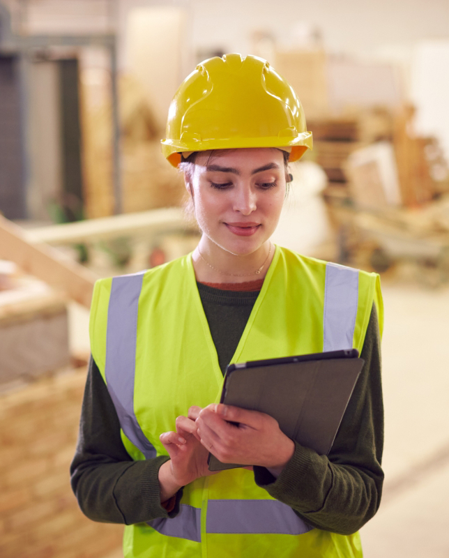 A female construction worker or site manager wearing a yellow hard hat and high-visibility safety vest examines a tablet device while standing in what appears to be an active construction site or warehouse. The background shows blurred construction materials and workspace. She is dressed professionally in dark clothing beneath her safety gear and appears focused on reviewing information on her digital device.