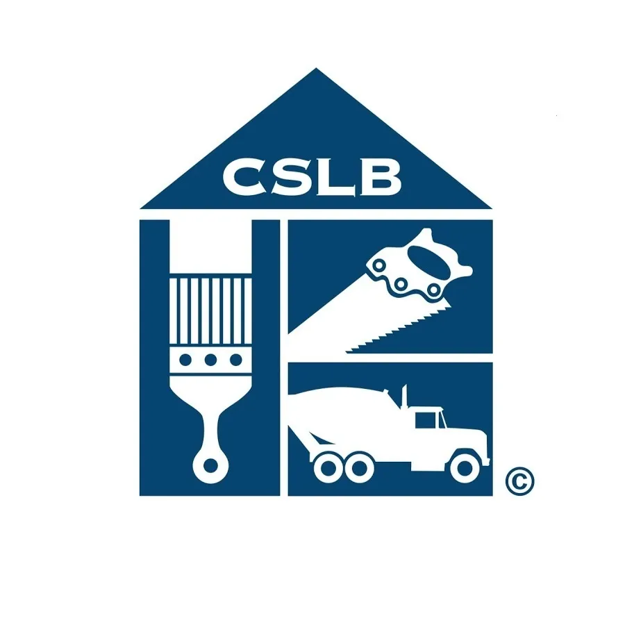 A navy blue logo in the shape of a house with "CSLB" text at the top. The house is divided into sections containing icons representing construction trades: a paintbrush on the left, a circular saw blade in the upper right, and a cement mixer truck in the lower right. The copyright symbol appears in the bottom right corner.
