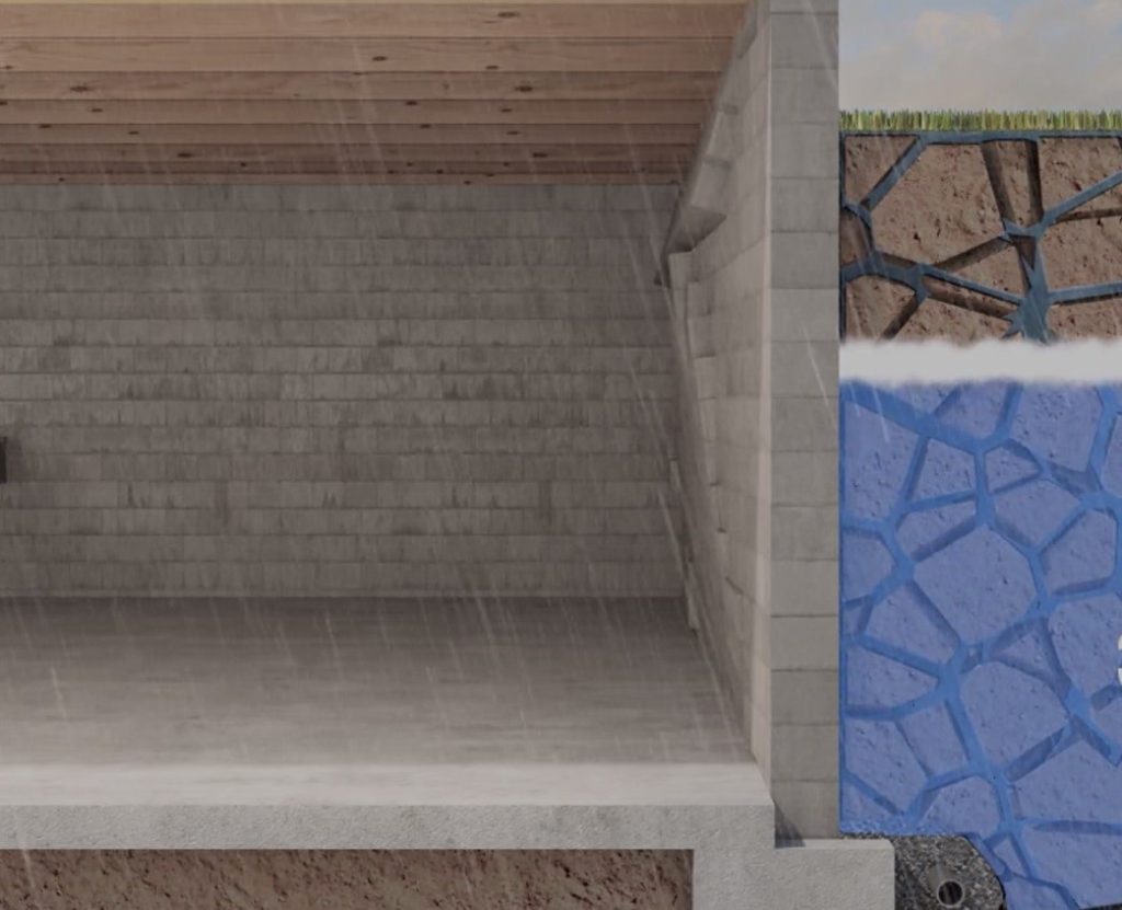 A cross-sectional architectural model showing basement waterproofing and foundation drainage systems. The model displays multiple layers including a wooden ceiling structure, concrete walls with brick texture, and a blue waterproofing membrane. A small diagram in the upper right shows the drainage pipe system extending from the foundation into the soil beneath the grass surface level.