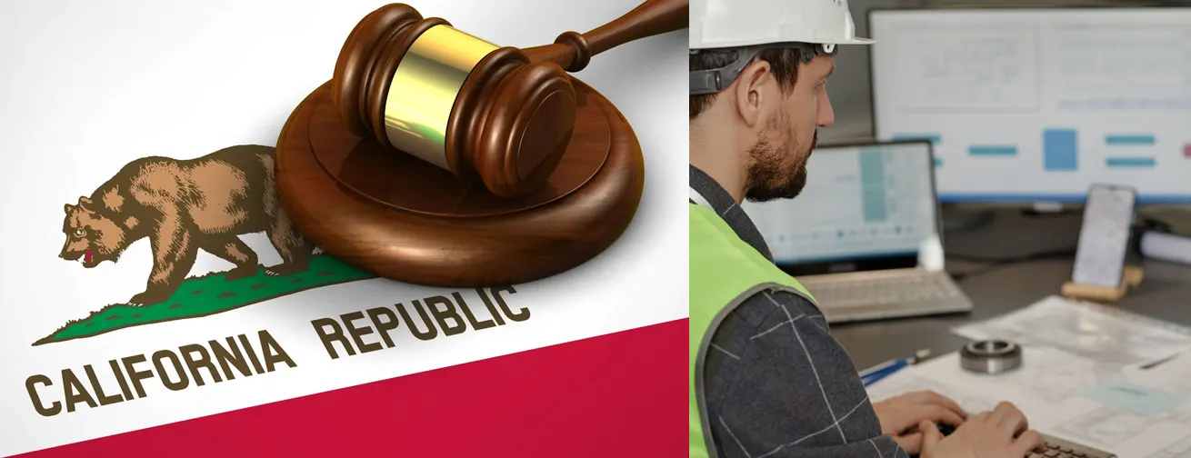 Left side shows a wooden gavel resting on the California state flag featuring the golden bear and red stripe. Right side displays a construction worker in a hard hat and safety vest working on a laptop at a desk with computer monitors in the background. The image appears to represent California construction law or workplace regulations.