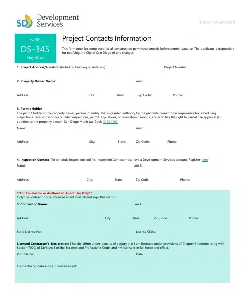 A form titled "Report Contacts Information" for SDJ Services displaying several sections for entering contact details. The form includes fields for Project Contacts (Project Controls and Interim Claims Officer), Owner Details (Owner Employer and Contractor Details), and Contract/Site Details. Each section contains input fields for Address, City, State, Zip Code, and Phone, with some sections highlighted in light blue and containing additional explanatory text about required information.