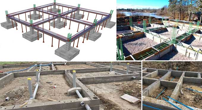 A collage showing four stages of foundation construction, including a 3D rendering of a concrete pier and beam foundation system with steel framework, followed by three construction site photos displaying the installation of foundation piers, ground beams, and plumbing installations for what appears to be a residential building project.