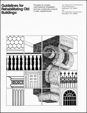 A reference sheet showing various architectural details and decorative elements commonly found on buildings. The grid layout displays 12 different patterns and features including ornate ironwork, brick patterns, columns, window designs, a detailed door, and textured surfaces. This appears to be an educational or design reference guide illustrating different architectural styles and building ornamentation found in older neighborhoods.