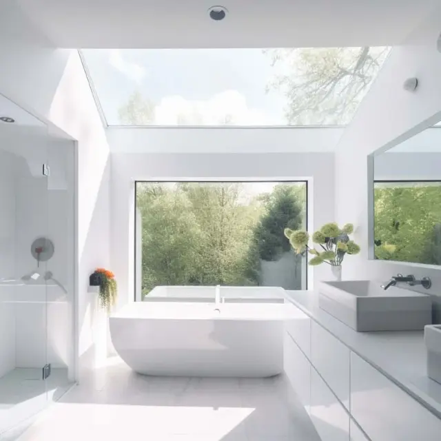 A minimalist modern bathroom featuring a white freestanding bathtub centered beneath a large skylight. Natural light floods the all-white space through both the ceiling window and a large horizontal window overlooking greenery. The room includes contemporary fixtures, gray vanity counters, and a vase of fresh flowers, creating a serene spa-like atmosphere.