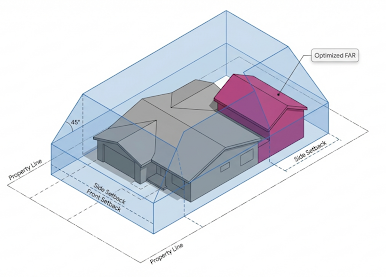 A three-dimensional architectural diagram showing a building layout with different colored volumetric sections within a transparent blue bounding box. The structure features gray base components, a prominent magenta/purple section on the right labeled "Diamond," and beige/tan colored sections in the middle. The diagram includes axis labels for orientation and appears to be a spatial analysis or zoning visualization of a building complex.