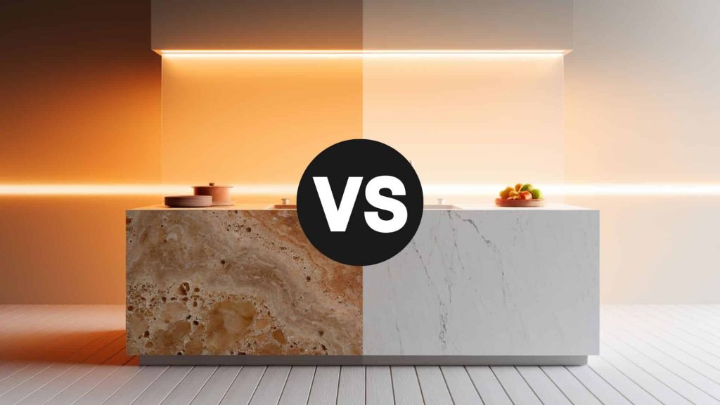 A split comparison image showing two different countertop materials side by side with a bold "VS" graphic in the center. The left side features a warm-toned travertine stone with natural pitting and earth-colored veining, while the right side displays a smooth white quartz or marble surface with delicate gray veining. Both countertops are shown in a modern kitchen setting with warm ambient backlighting and minimalist design elements.