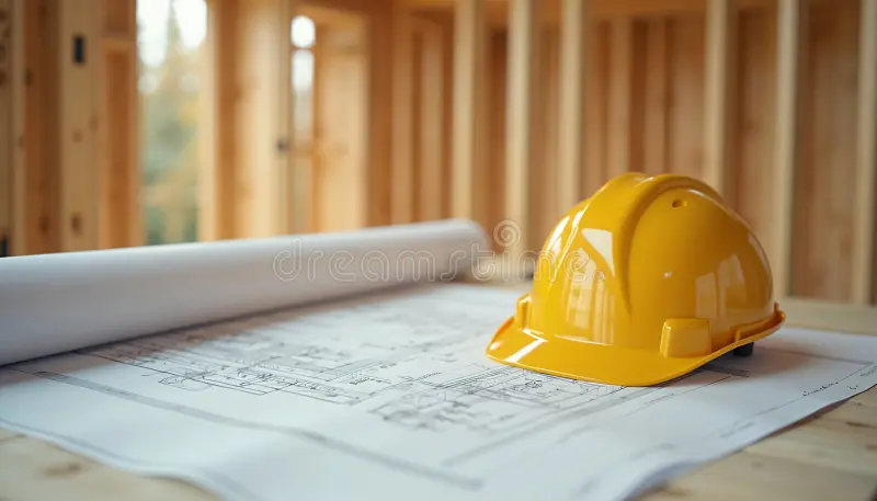 A bright yellow hard hat rests on top of architectural blueprints at a construction site, with rolled plans visible in the background. The scene is set within an unfinished wooden frame structure, showing exposed studs and natural lighting. This image represents construction planning and workplace safety in the building industry.