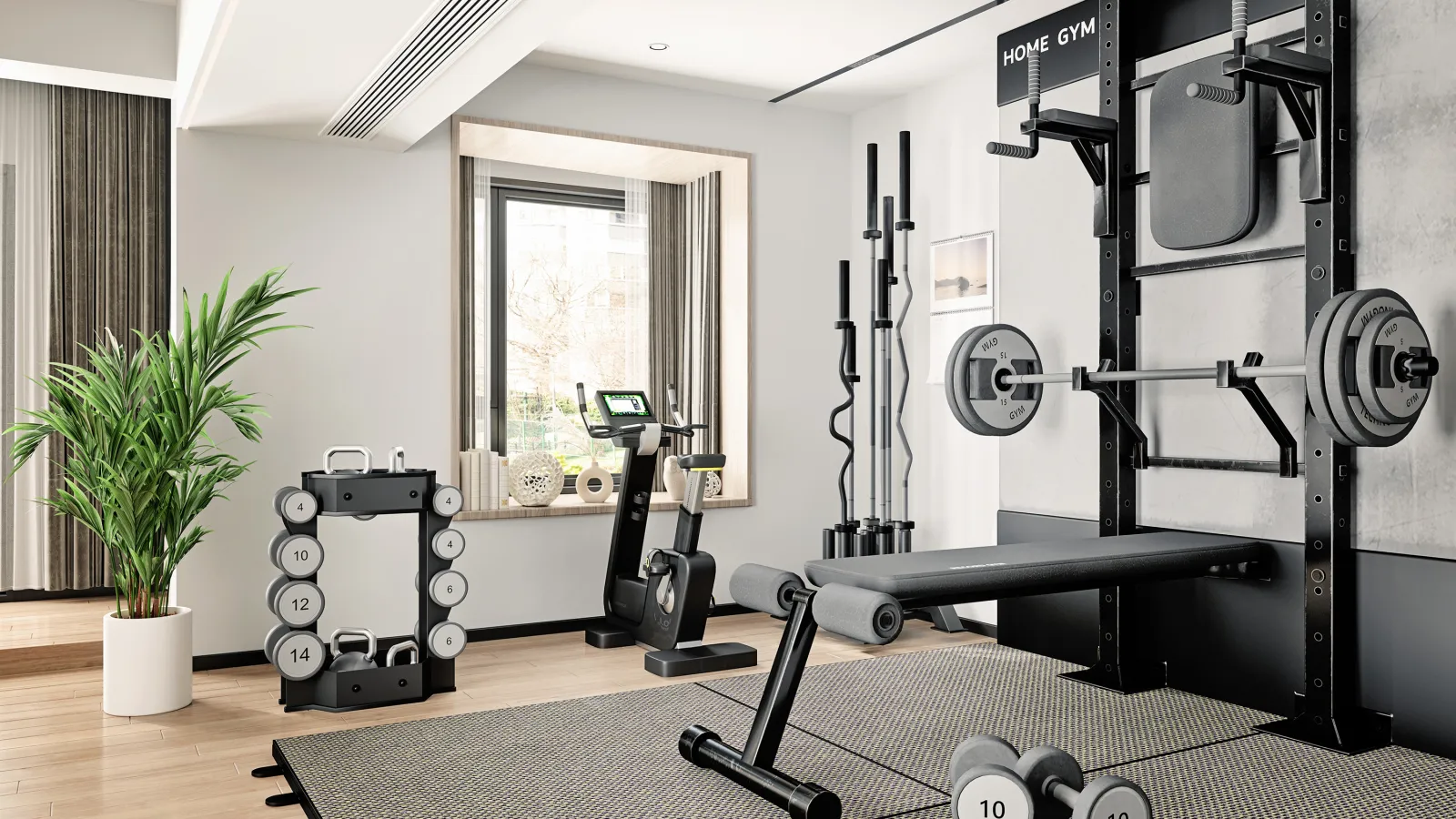 A modern home gym featuring a black power rack with weight plates and barbell, an adjustable workout bench, and an exercise bike positioned by a large window. The minimalist white-walled space includes organized dumbbells on a tiered rack, resistance bands hanging on the wall, and a potted palm plant adding greenery to the corner. The room has wooden flooring partially covered by an exercise mat, creating a clean and functional workout environment.