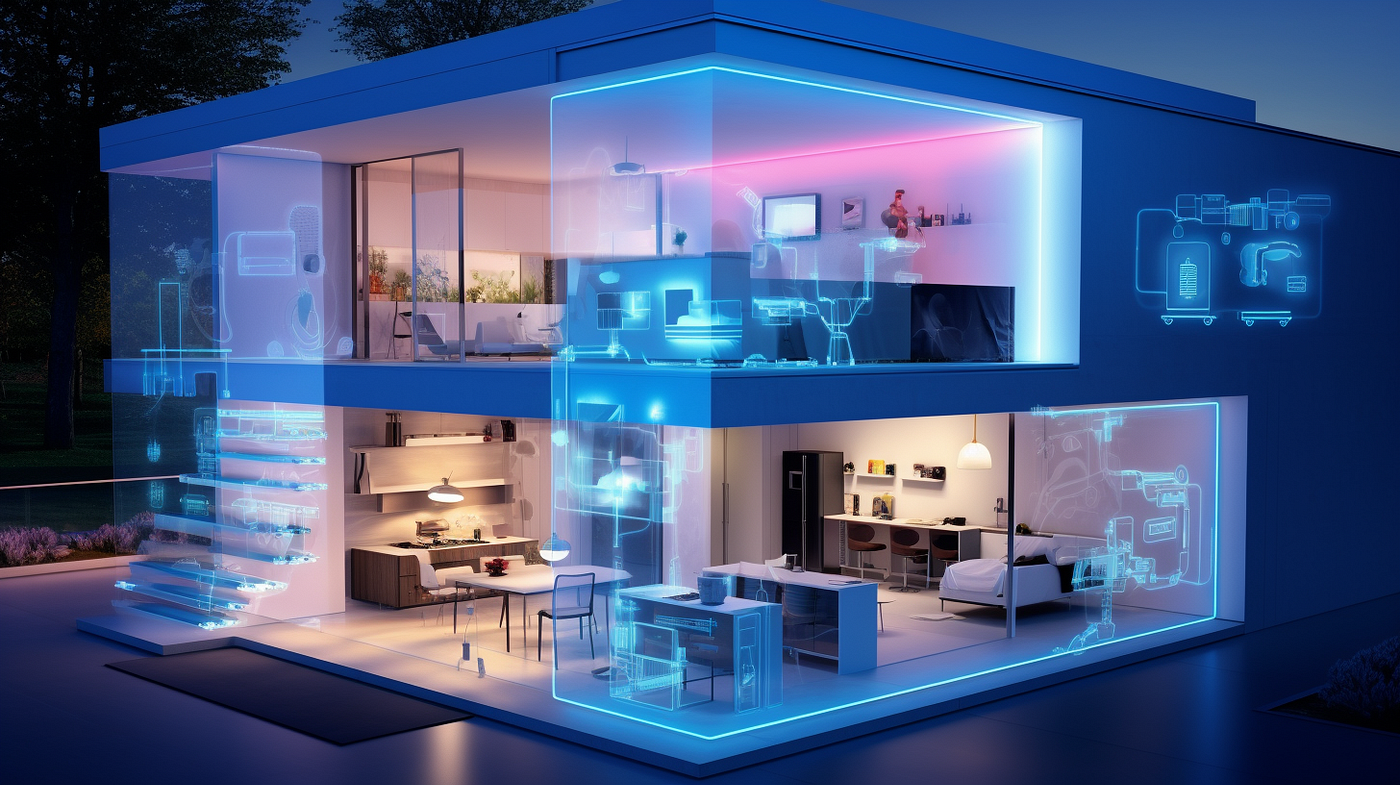 A cutaway view of a modern two-story smart home at dusk, illuminated with blue neon lighting that reveals the interior rooms and connected technology infrastructure. Holographic icons and diagrams overlay the transparent walls, representing various smart home systems including appliances, climate control, and automation features. The architectural visualization showcases an open-concept living space with contemporary furnishings, emphasizing the integration of IoT devices and home automation technology throughout the residence.