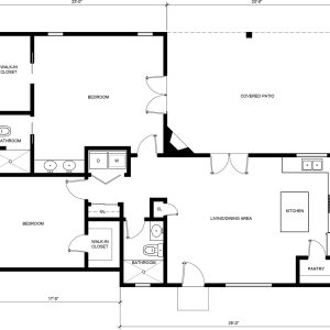 A floor plan showing a two-bedroom residential unit with two full bathrooms, a living/dining area, kitchen with pantry, and covered patio. The layout includes walk-in closets in both bedrooms, a laundry area with washer and dryer, and measures approximately 29 feet wide by 36 feet deep with an additional 23-foot covered patio extension. The design features an open-concept living space with the kitchen positioned adjacent to the main living area.