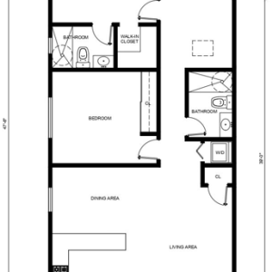 A floor plan layout showing a residential unit with one bedroom, bathroom, and open-concept living and dining areas. The bedroom is located in the upper portion with an ensuite bathroom, while the main living spaces occupy the lower area. Additional features include a second bathroom and what appears to be a kitchen or utility area along the right side of the plan.