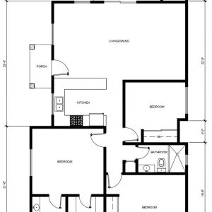 A detailed architectural floor plan showing a residential layout with three bedrooms, two bathrooms, a living/dining area, kitchen, deck, porch, and walk-in closet. The plan includes dimensional measurements, with the overall structure measuring 29'-0" wide and featuring various room layouts with door swings and fixture placements clearly marked. The deck is accessible from the living area and includes what appears to be washer/dryer (W/D) connections.