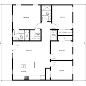 A floor plan showing a rectangular residential layout measuring 31'-0" by 38'-6" with four bedrooms, two bathrooms, a living area, kitchen, walk-in closet, and laundry area with washer and dryer. The plan features an open living space on the left side, with bedrooms arranged on the upper and right portions, connected by a central hallway and utility area. Wall thicknesses, door swings, and fixture placements are clearly indicated in black lines.