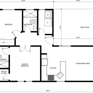 A floor plan of a residential home showing a two-bedroom layout with master bedroom and guest bedroom, two bathrooms, kitchen, living/dining area, and an outdoor deck patio. The main living space measures 40 feet wide with a 22-foot section and 18-foot section, plus an additional 18-foot deck area. The master bedroom features a walk-in closet and ensuite bathroom, while the second bedroom has an adjacent bathroom with washer and dryer units.