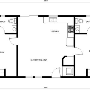 Floor plan of a 40' x 20' residential unit showing a symmetrical layout with two bedrooms positioned on opposite sides, each with an attached bathroom and closet. The center features an open living/dining area and kitchen with dual sinks and cooking appliances. The design demonstrates efficient space utilization with mirrored bedroom suites flanking a central common area.