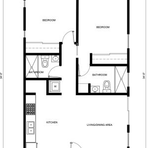 A floor plan of a residential unit measuring 22'-0" by 34'-0" showing a two-bedroom, two-bathroom layout. The plan includes a kitchen with appliances in the lower left, an open living/dining area, two bedrooms each with an ensuite bathroom in the upper portion, and a washer (W) unit. Door swing arcs and plumbing fixtures are clearly marked throughout the layout.