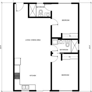 A floor plan showing a residential layout measuring 24'4" by 32'8" with two bedrooms, two bathrooms, a combined living/dining area, and a kitchen. The bedrooms are positioned on the right side with en-suite bathrooms, while the living/dining area occupies the left-center portion and the kitchen is located in the lower left corner. Each room is clearly labeled and includes fixtures such as toilets, sinks, closets (marked as CL), and kitchen appliances.
