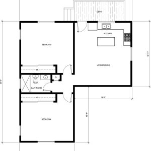 A floor plan of a two-bedroom apartment showing the layout with dimensions of 32'-6" width and 36'-0" height. The unit features two bedrooms with closets, one bathroom, a combined living/dining area, a kitchen with appliances, and an outdoor deck accessible from the kitchen. Room dimensions are marked, including 18'-11" and 16'-1" measurements for specific areas.