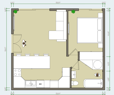 A floor plan of a small apartment showing a layout with one bedroom, one bathroom, a kitchen with appliances, and a living/dining area. The plan includes furniture placement indicated by simple shapes, with green markers in opposite corners possibly indicating ventilation or structural elements. The layout appears to be approximately square-shaped with walls shown in gray and beige flooring throughout.