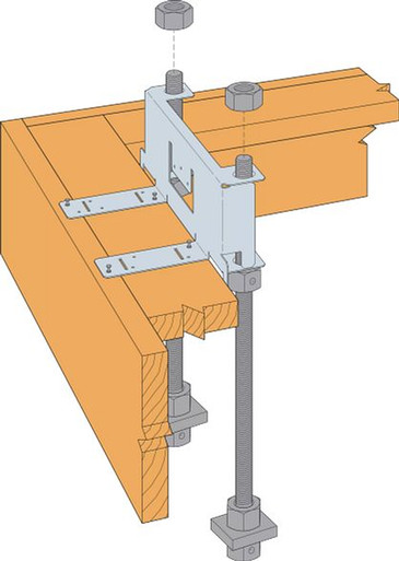 A technical illustration showing a metal post-to-beam connection detail in timber frame construction. The galvanized steel post connects to heavy timber beams and rafters using metal brackets and fasteners, demonstrating a modern structural joining method. The cutaway view reveals how the metal column integrates with the wooden framing members at their intersection point.