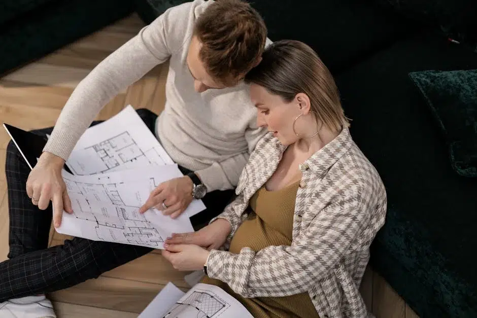 A couple sits together on a wooden floor reviewing architectural floor plans. The woman wears a houndstooth jacket over a mustard top while the man in a cream sweater leans in closely, both examining the blueprint documents. They appear engaged and happy while planning their home design or renovation project.
