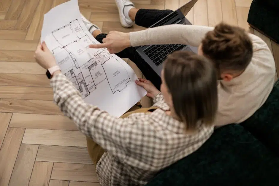 An overhead view of two people sitting on a wooden floor reviewing architectural floor plans together. One person wears a checkered shirt while the other is in a light-colored sweater. A laptop is visible between them as they collaborate on the building design documents.