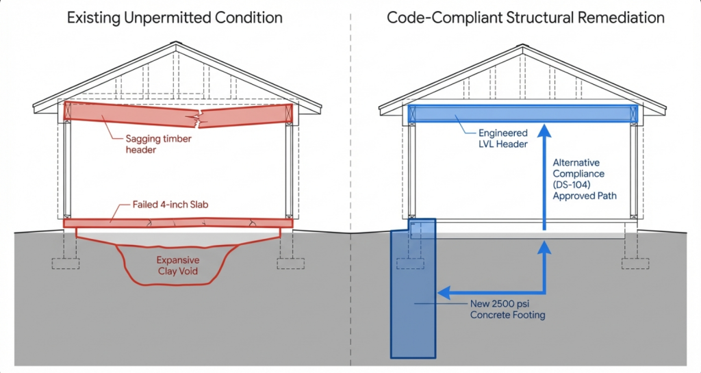 Side-by-side architectural diagrams comparing an existing unpermitted building condition with a code-compliant structural remediation. The left diagram shows structural deficiencies including a sagging timber header, failed 4-inch slab, and expansive clay void beneath the foundation. The right diagram illustrates the corrective solution featuring an engineered LVL header, new 2500 psi concrete footing extending below grade, and notation of an alternative compliance path approved under DS-104.