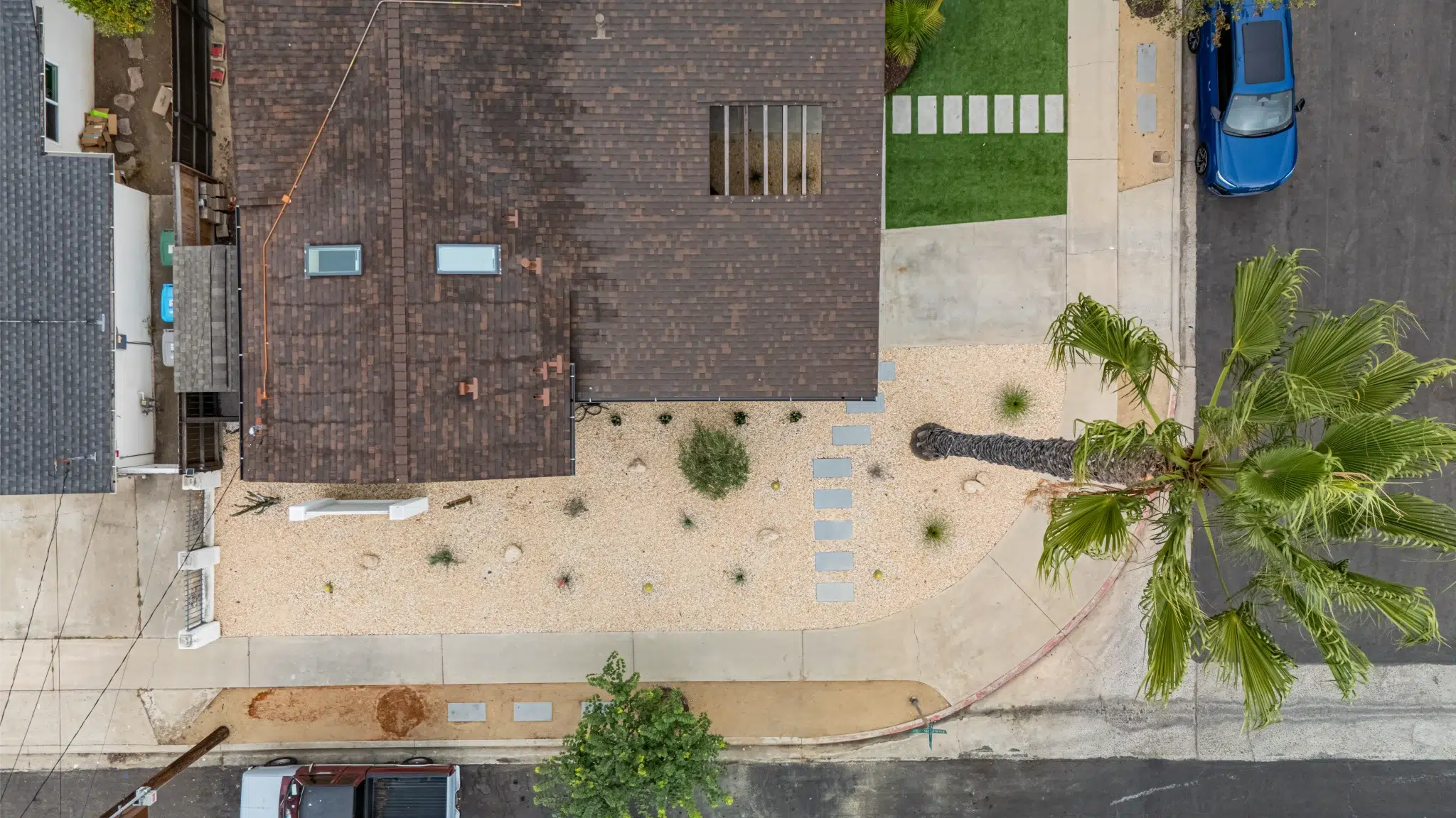 Aerial view of a San Diego home with a new room addition and xeriscaped yard, Adler Avenue