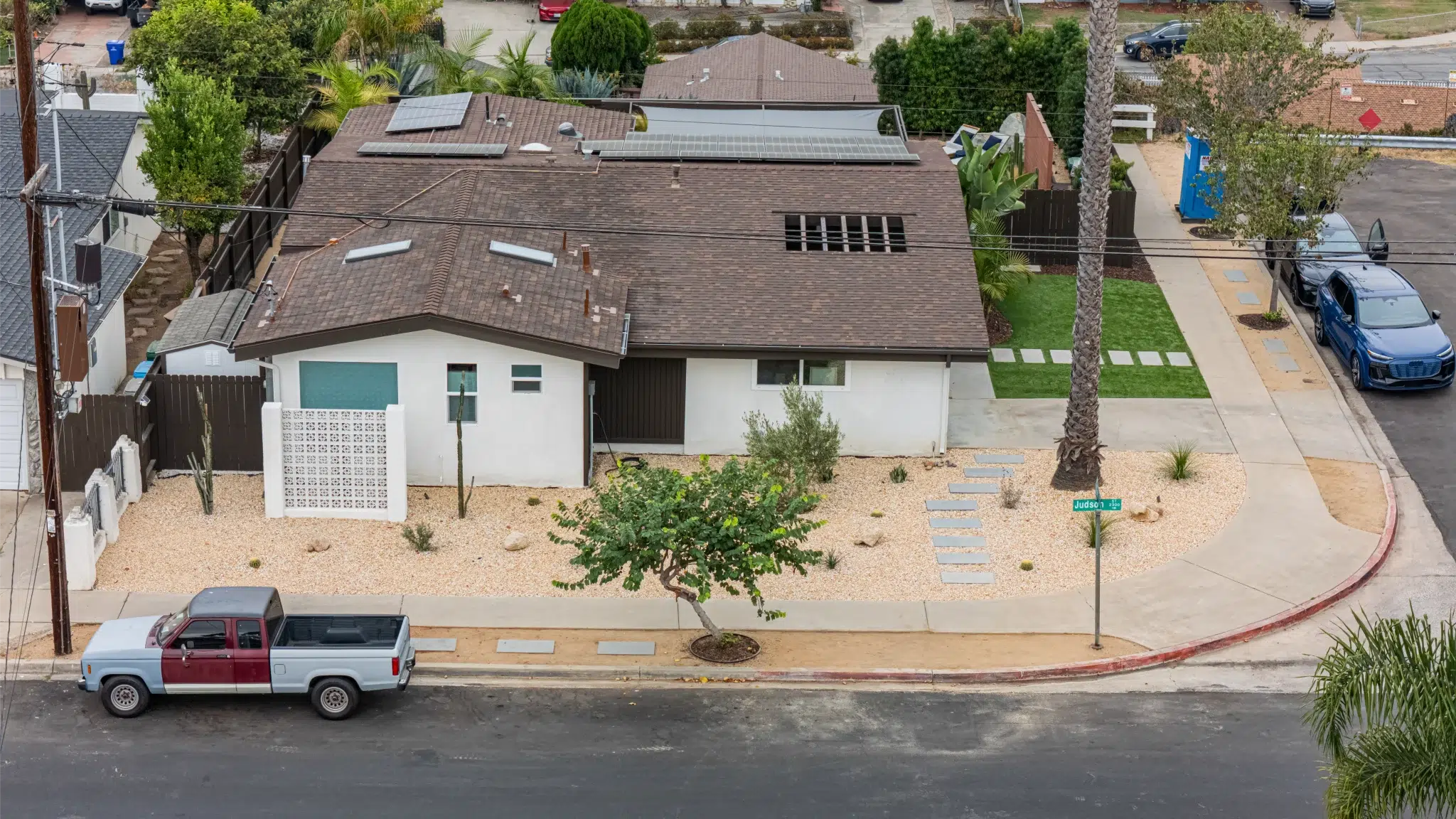 Overhead view of the remodeled Adler Avenue property with new landscaping, San Diego