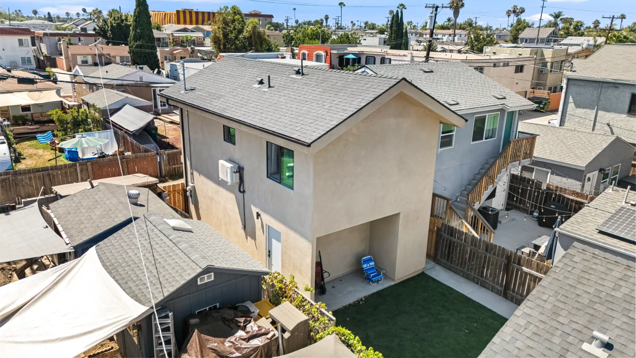 Aerial view of the Cherokee Avenue property with the remodeled main house and new ADU, San Diego