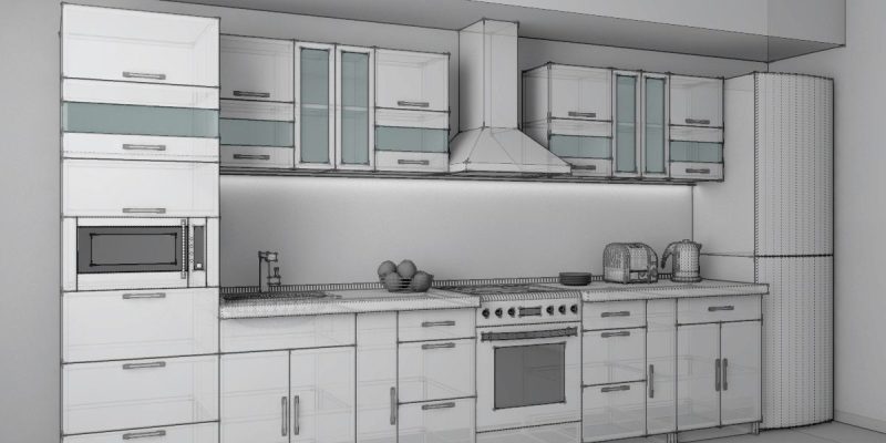 A 3D rendered modern kitchen design showing a complete wall-mounted configuration with white cabinetry, including upper and lower units with glass-fronted sections. The layout features integrated appliances such as a built-in microwave, range cooker with hood, and a tall refrigerator on the right side. The minimalist design displays clean lines, chrome handles, and a monochromatic color scheme in what appears to be a wireframe or clay render visualization.