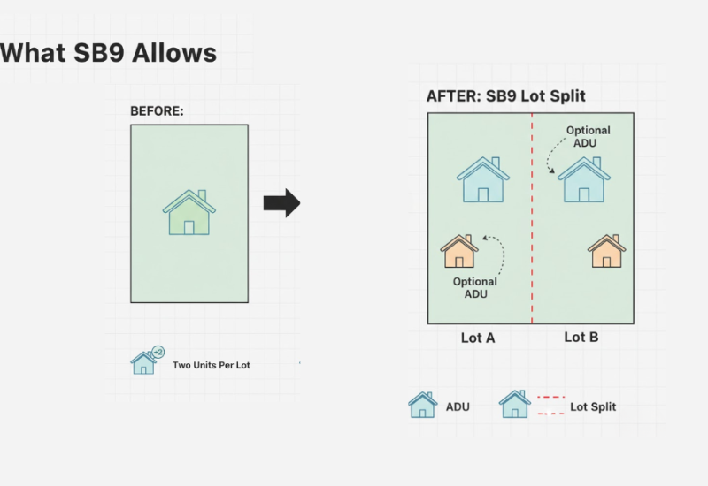 A diagram showing how SB9 allows property subdivision. The "Before" side shows a single lot with one house, while the "After" side displays the same property split into Lot A and Lot B, separated by a red dashed line, with each lot containing two units (one primary dwelling and one optional ADU). Icons at the bottom indicate the legend for two units per lot, ADU units, and lot split lines.
