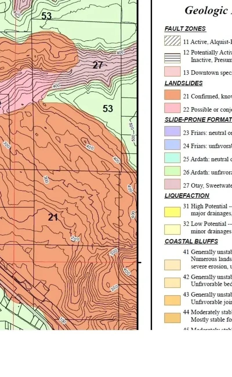 A geologic hazard map showing fault zones, landslides, and slide-prone formations in different colored zones numbered 21-27 and 53. The left side displays a topographic map with contour lines and color-coded hazard areas, while the right side contains a legend explaining each category including fault zones (hatched patterns), landslides (orange/pink), slide-prone formations (purple/blue/green), liquefaction zones (yellow), and coastal bluffs (tan shades).
