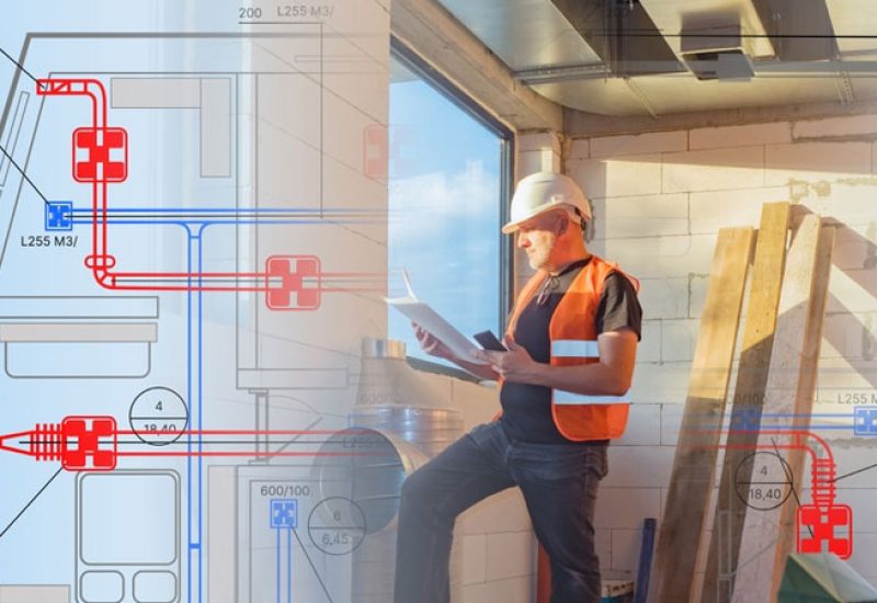 A construction worker in an orange safety vest and hard hat reviews building plans while standing in an unfinished interior space with exposed walls. Technical HVAC or plumbing schematics with red and blue piping diagrams are overlaid on the image, showing system layouts and measurements. The scene depicts the integration of digital planning tools with on-site construction management.