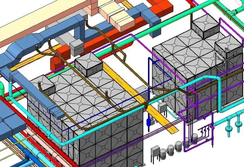 A detailed 3D BIM (Building Information Modeling) rendering showing the mechanical, electrical, and plumbing (MEP) systems of a building. The image displays color-coded pipes, ducts, and conduits in various colors including blue, yellow, cyan, purple, and red, all integrated with the building's structural framework shown in gray wireframe. The isometric view reveals the complex infrastructure layout including HVAC systems, water supply lines, and electrical pathways running throughout multiple levels of the structure.