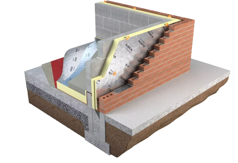 A cutaway architectural diagram showing the layered construction of a building's foundation and wall system. The illustration reveals multiple components including concrete slab foundation with insulation, damp-proof membrane, concrete blocks, cavity wall insulation (shown in yellow), a vapor barrier, and an outer brick facade. The 3D cross-section demonstrates how these materials work together from the ground soil through to the finished exterior wall.
