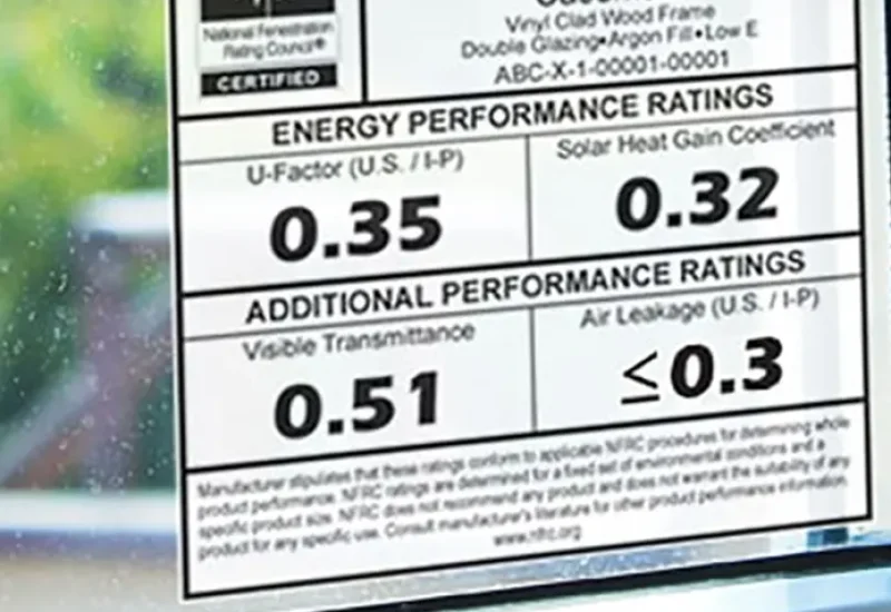 A close-up photograph of an NFRC-certified energy performance label on a window, displaying key ratings including a U-Factor of 0.35, Solar Heat Gain Coefficient of 0.32, Visible Transmittance of 0.51, and Air Leakage of ≤0.3. The label indicates this is a Series 2000 Casement window with a vinyl clad wood frame and double glazing. Through the window, a blurred outdoor scene is visible in the background.