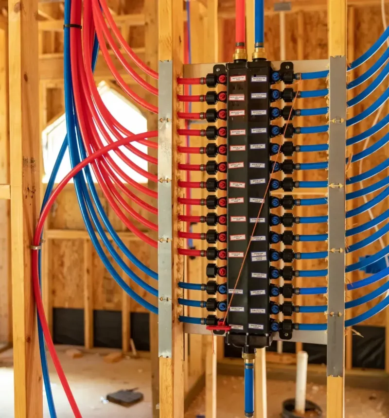 A PEX plumbing manifold system mounted on wooden wall studs during residential construction, featuring red hot water lines and blue cold water lines radiating from a central distribution panel with multiple black valve connections. The organized arrangement of color-coded tubing creates a symmetrical pattern as the pipes branch out to serve different fixtures throughout the building. The installation represents modern whole-house plumbing infrastructure in the rough-in phase before drywall installation.