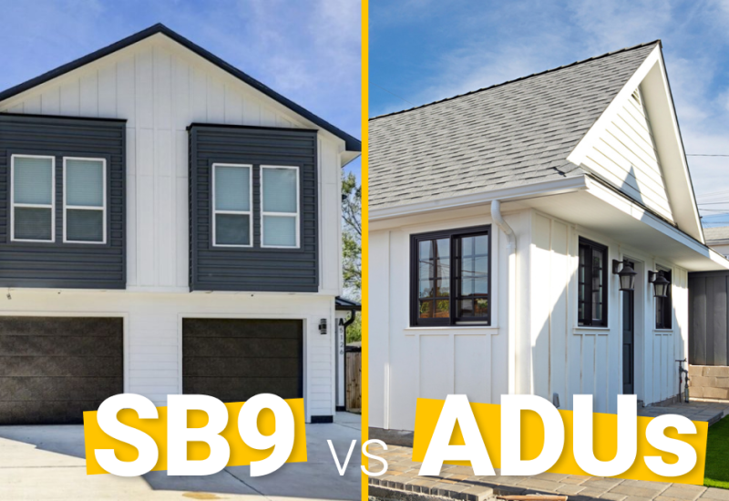 A side-by-side comparison image showing two residential properties separated by a yellow vertical line. On the left is a modern two-story duplex with dark horizontal siding, white trim, and attached garages labeled "SB9". On the right is a single-story farmhouse-style ADU with white vertical siding, black-framed windows, and a pitched roof labeled "ADUs". Both represent different housing development options in California.