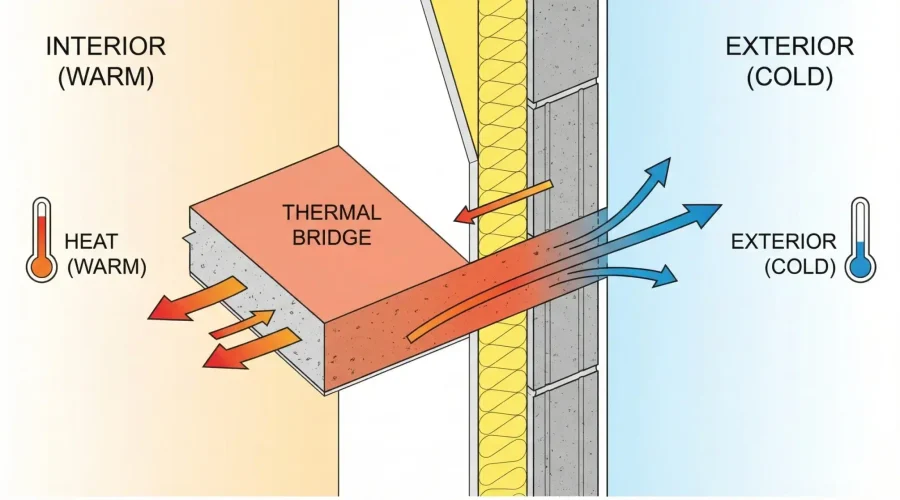 A technical diagram illustrating a thermal bridge in building construction where a concrete structural element penetrates through insulation (yellow layer) and wall assembly. Red arrows show heat flow from the warm interior through the thermal bridge to the cold exterior, while blue arrows indicate cold air infiltration. The diagram demonstrates how structural components can create pathways for unwanted heat transfer, reducing a building's energy efficiency.