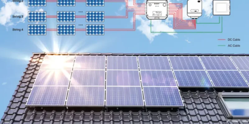 A residential solar panel installation on a dark tiled roof, with an overlaid technical diagram showing the system configuration. The diagram illustrates four strings of solar panels connected via DC cables (shown in red) to a central inverter and AC distribution box, which then connects to the grid via AC cables (shown in green). The image demonstrates both the practical implementation and electrical schematic of a typical rooftop photovoltaic system.